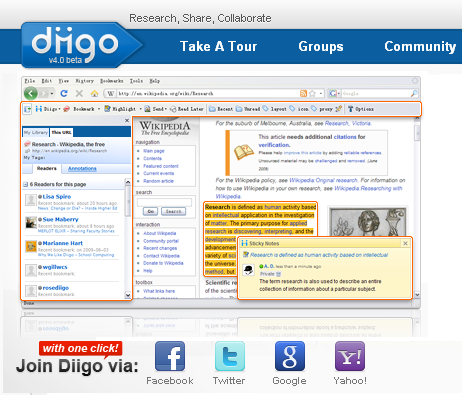 Diigo :une barre de boutons vers les sites sociaux