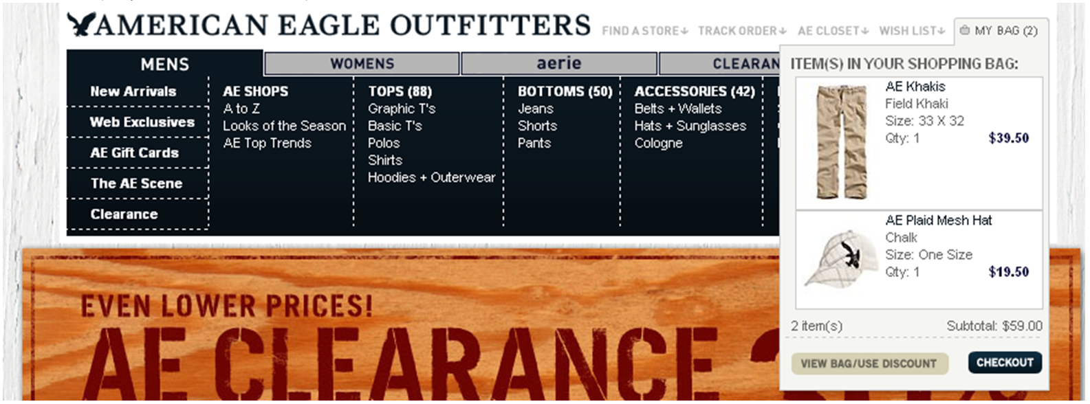 Site American Eagle Outfitters, ergonomie du panier Site American Eagle Outfitters