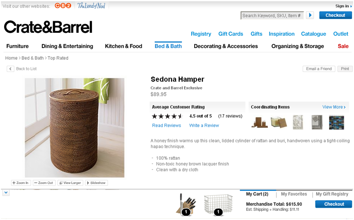 Le panier d'achat sur le site de Crate&Barrel Le panier d'achat sur le site de Crate&Barrel