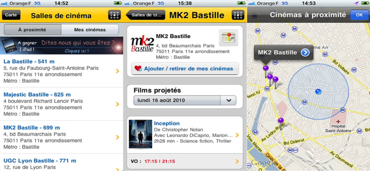 Géolocalisation de séances de cinéma avec Allocine sur iPhone
