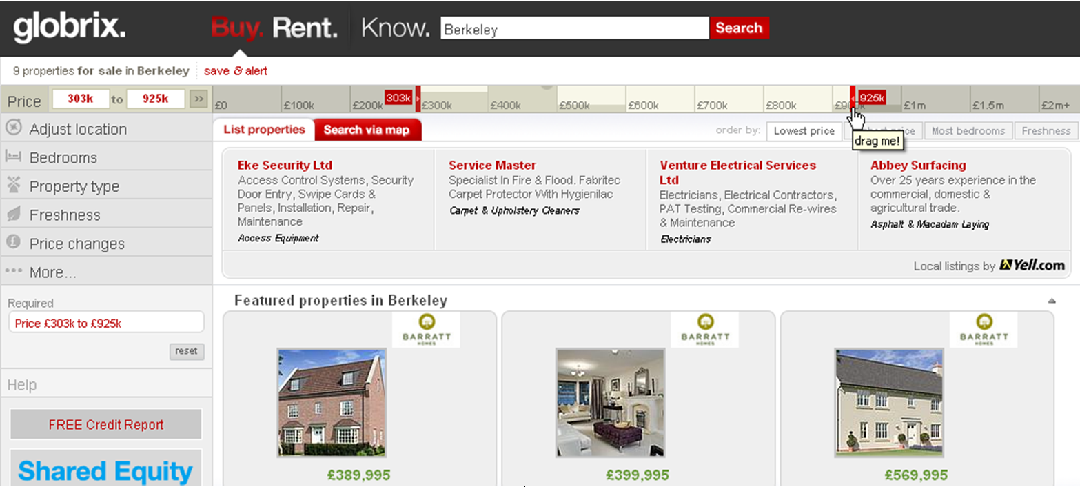Site web Globrix : interface de recherche avec sliders horizontaux pour filtrer les résultats 