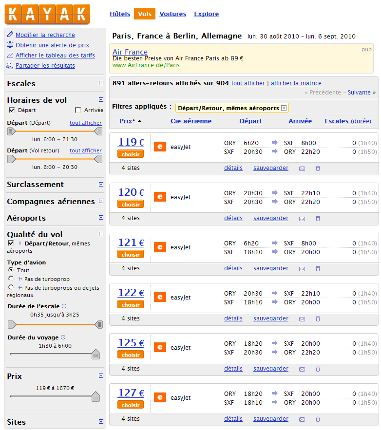 Site internet Kayak : les sliders ou curseurs de filtres