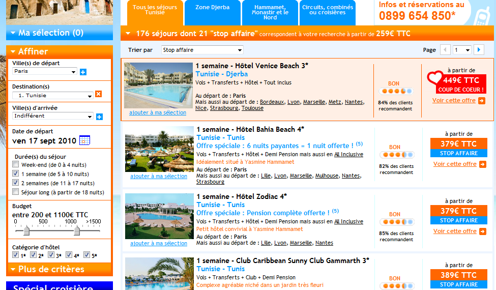 Site internet promovacances : zone de filtres des résultats de recherche
