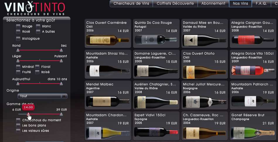 Site web Vino Tinto : interface de recherche avec sliders pour filtrer les résultats 