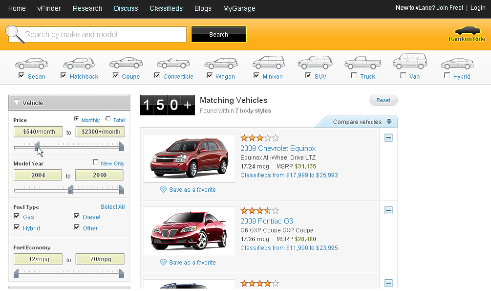 Site web Vlane : ergonomie du filtrage des résultats de recherche