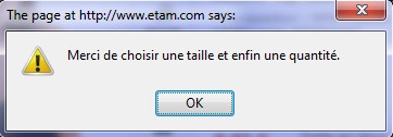 Etam Pop-up d'avertissement chez Etam