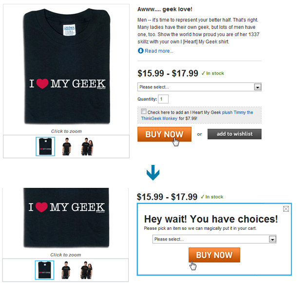 ergonomie-champs-obligatoires-thinkgeek Champs obligatoires : une pop-in rappel les champs à remplir sur le site ThinkGeek