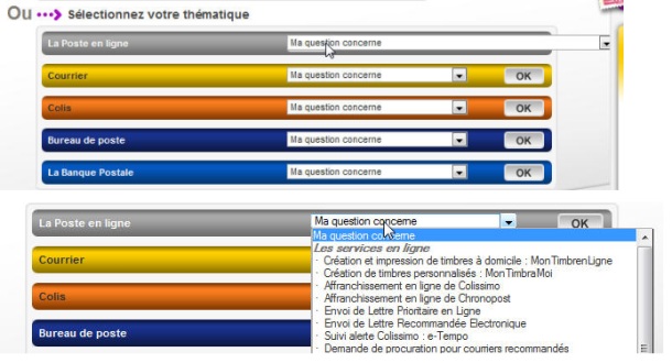 Liste déroulante de choix de sujets de réclamation (LaPoste - Service Consommateurs)