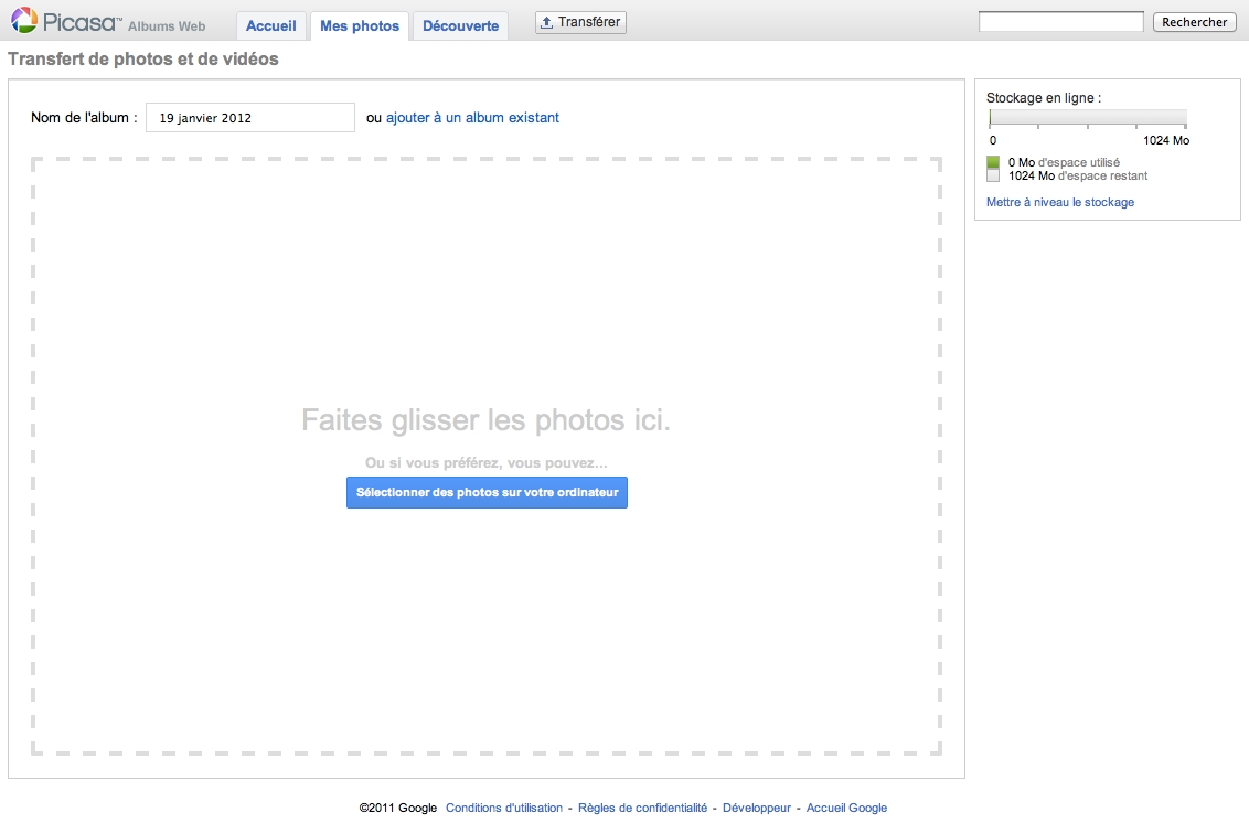 Zone de dépot du drag and drop sur Picasa