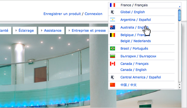 Philips web ergonomie : choix pays