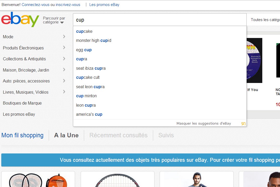 e-commerce en responsive web design - Ebay ordinateur Autocompletion