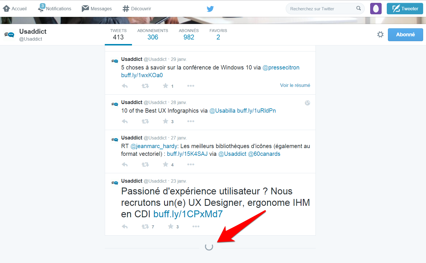 Exemple de scroll infini sur Twitter