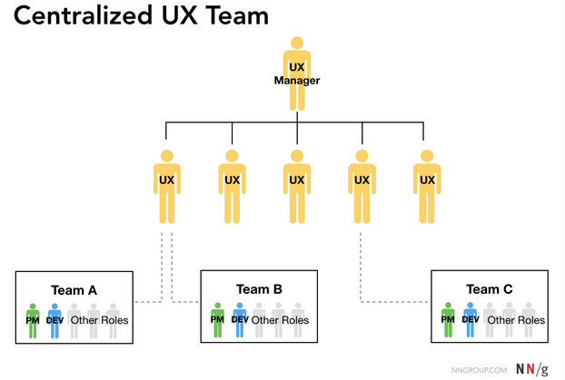Schéma de l’organisation d’une équipe UX centralisée