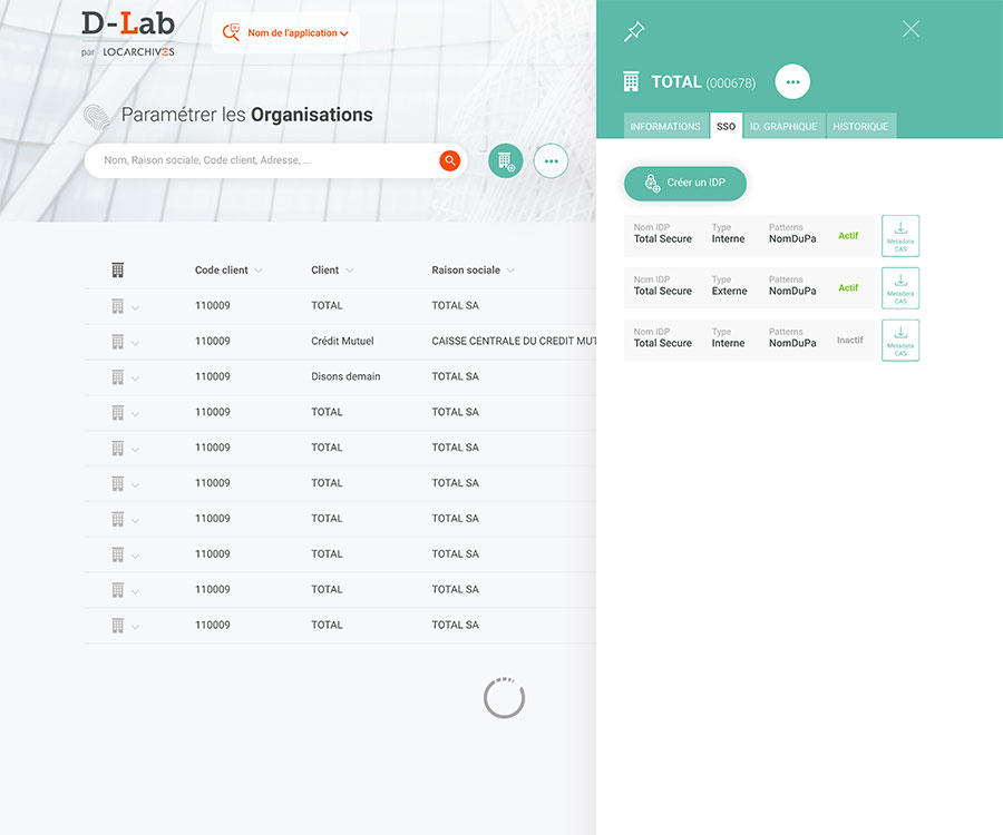 Ecran de gestion des droits utilisateurs du SAE Locarchives.