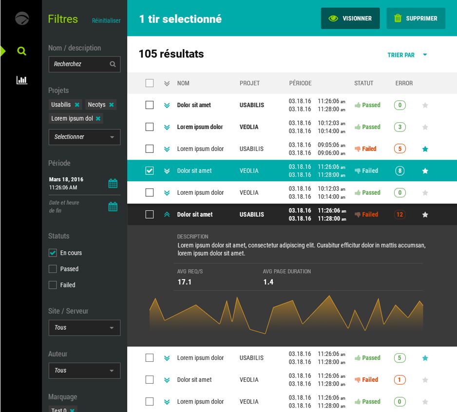 La page de recherche de l'application Neotys suite à la refonte UX/UI conduite par Usabilis.