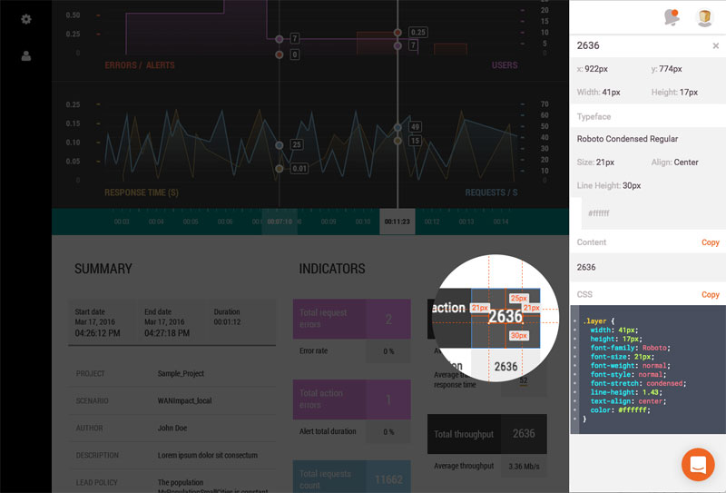 Ecran de l'application Zeplin utilisée pour convertir le design graphique en spécifications CSS.