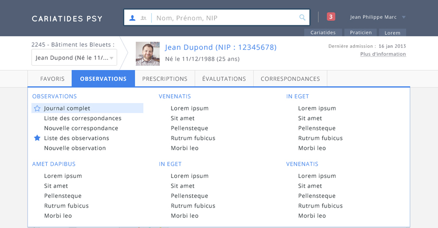 Design du bandeau patient de l'application Cariatides de Symaris après la refonte UX/UI réalisée par Usabilis.