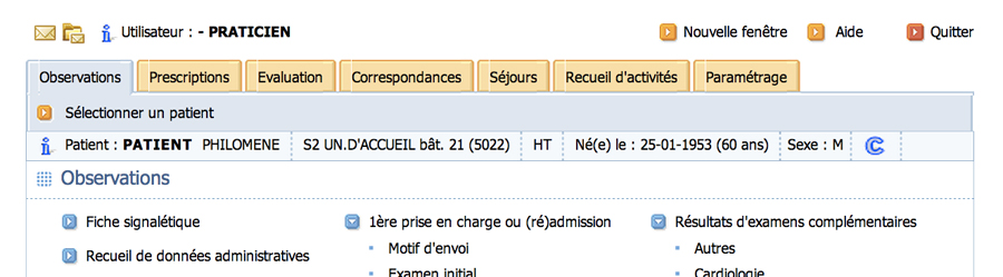 Design du bandeau patient de l'application Cariatides de Symaris avant la refonte UX/UI réalisée par Usabilis.