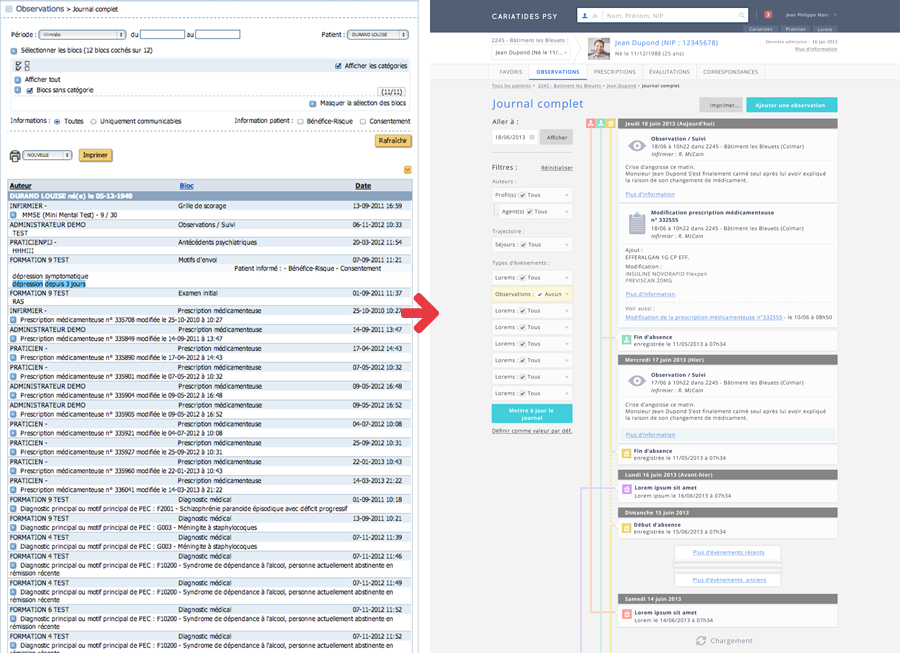 Design du journal patient de l'application Cariatides de Symaris avant et après la refonte UX/UI réalisée par Usabilis.