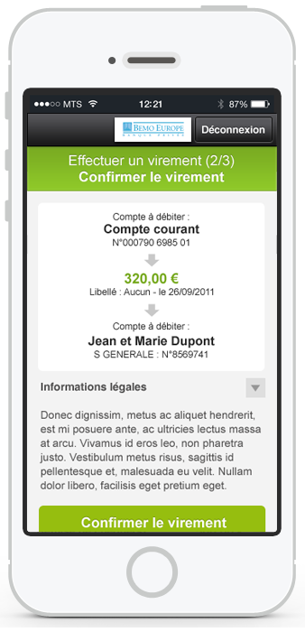 Ecran du virement bancaire sur mobile suite à la refonte UX/UI réalisée par Usabilis pour l'application SAB.