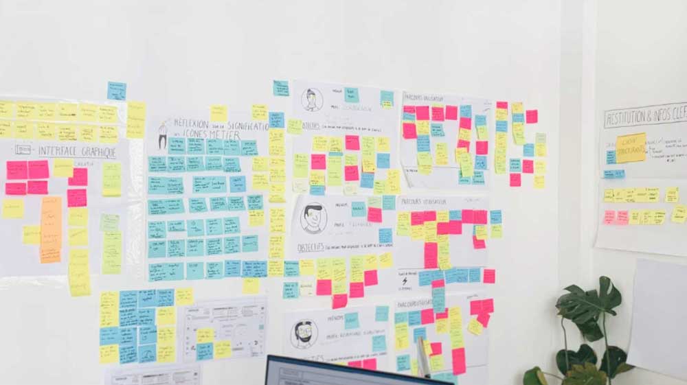 Les post-it tapissent les murs de la "creative room" après les 3 jours d'atelier de co-conception.
