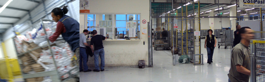 Photographies d'un centre de tri Coliposte réalisées lors des observations au début de la mission de conception UX/UI avec Usabilis.