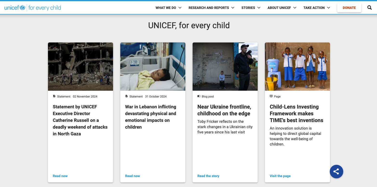 Détail de la page d’accueil du site de l’UNICEF
