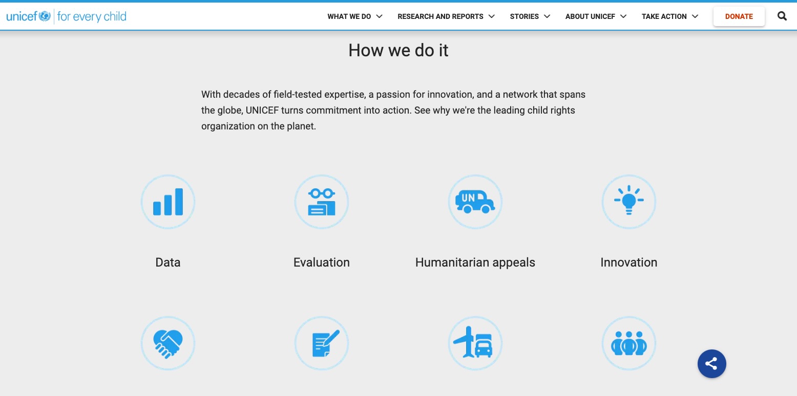 Détail de la page d’accueil du site de l’UNICEF