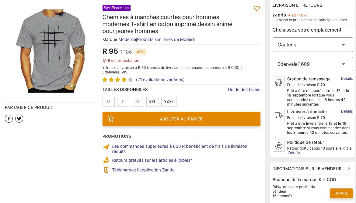Capture d’écran d’une fiche produit du site Zalando