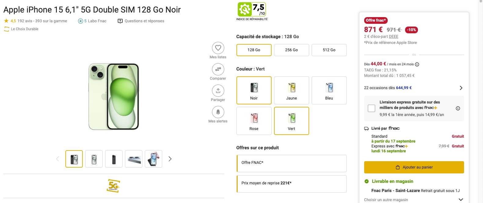 Capture d’écran du site de la FNAC