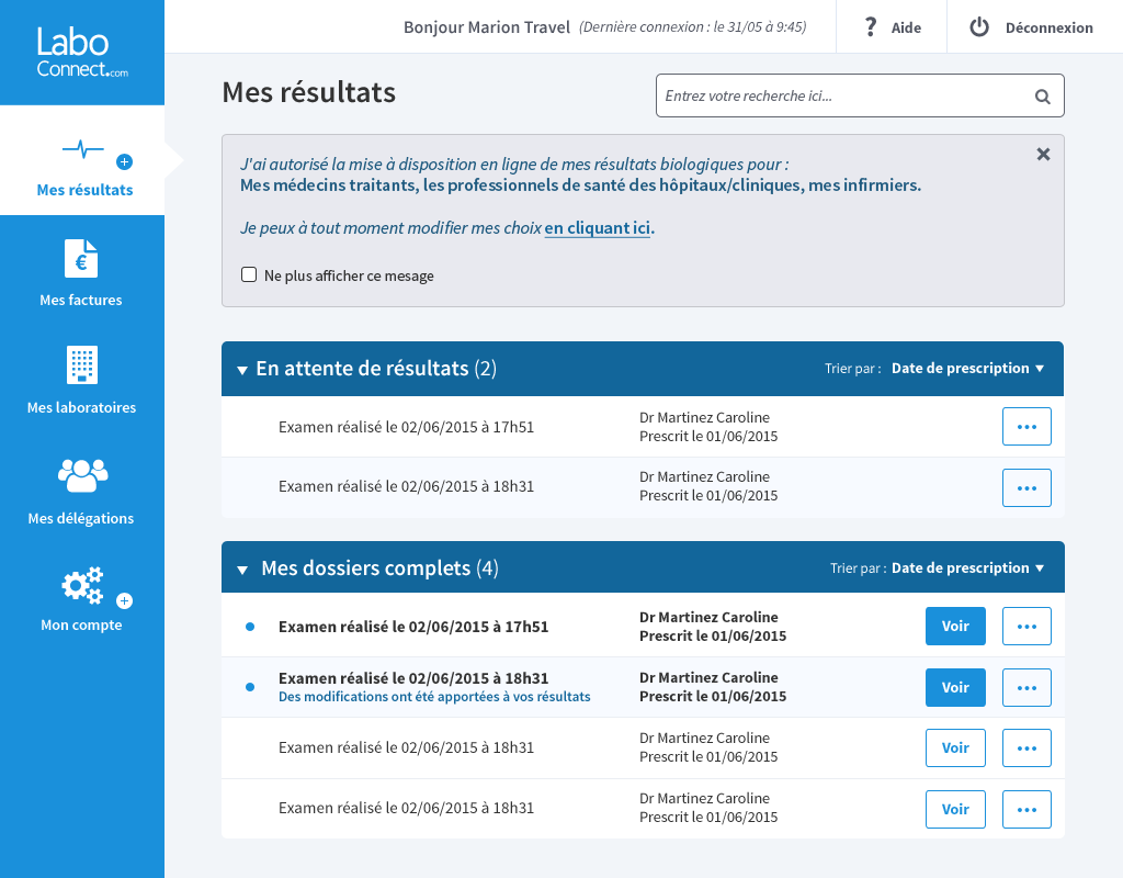 La page de consultation des résultats d'analyse après l'intervention UX/UI d'Usabilis.