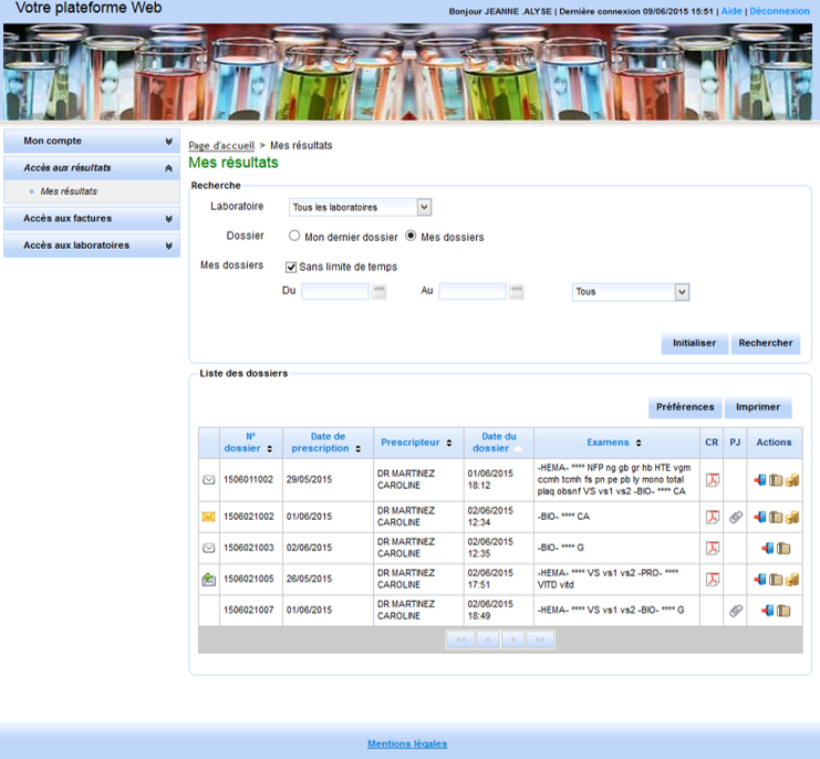 La page de consultation des résultats d'analyse avant l'intervention UX/UI d'Usabilis.