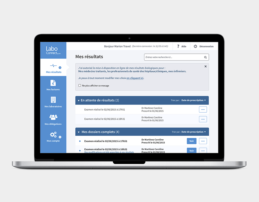 écran de consultation des résultats d'analyse de l'application LaboConnect de DL Santé conçue en démarche UX/UI avec Usabilis.
