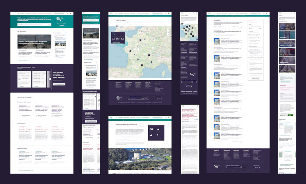 Planche de présentation des principaux écrans du site ASN suite à la refonte UX/UI réalisée par Usabilis.