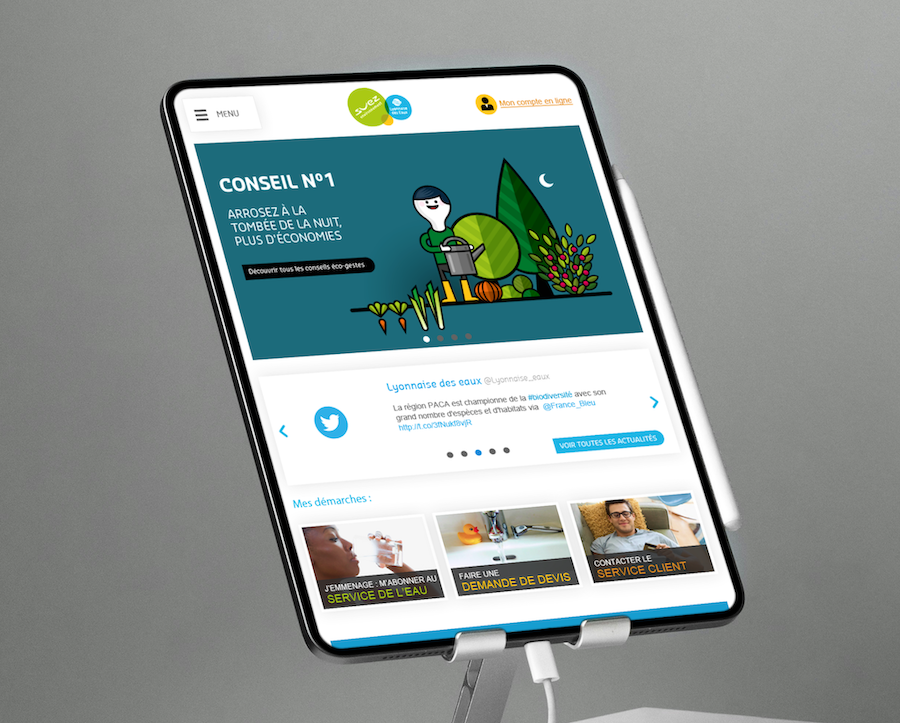 Ecran tablette de l'application Suez conçue en 'mobile first' avec Usabilis.