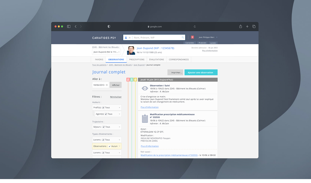 Vue du journal du patient sur le progiciel Cariatides conçu en démarche UX/UI avec Usabilis pour le GIP Symaris.