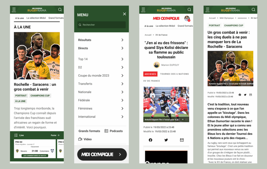 Design des écrans de l'application mobile du site Rugbyrama de La Dépêche suite à la refonte UX/UI réalisée par Usabilis.