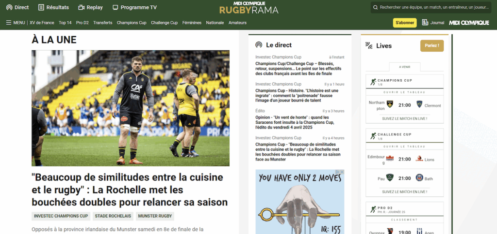 Page d'accueil du site Rugbyrama de La Dépêche suite à la refonte UX/UI réalisée par Usabilis.