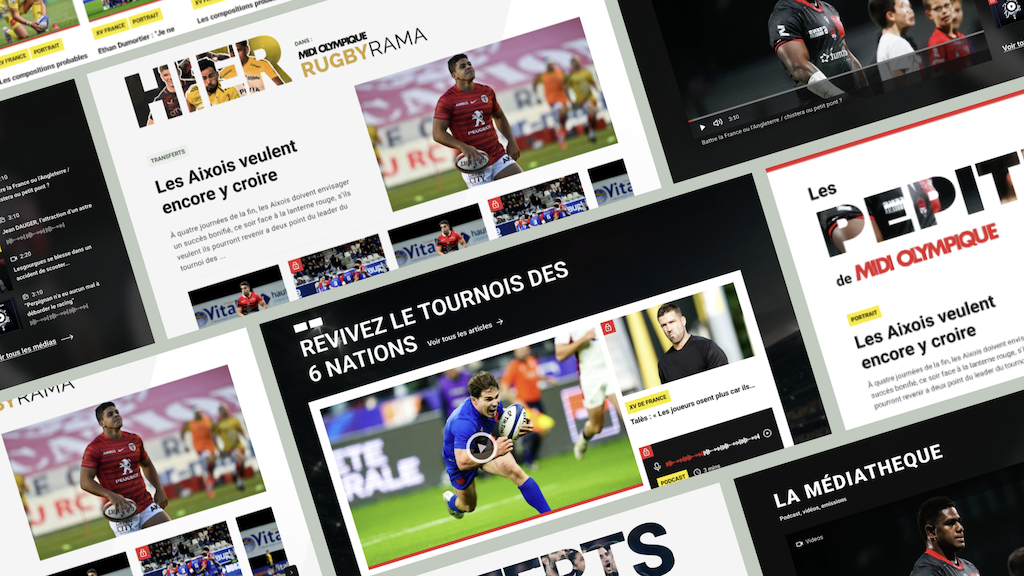 Les pages du site web Rugbyrama de La Depêche suite à la refonte UX/UI réalisée par Usabilis.