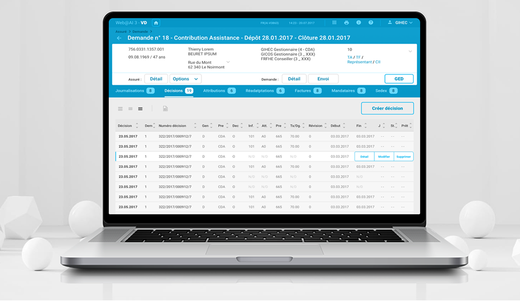 Ecran du logiciel administratif WEB@AI de Gilai conçu selon une démarche centrée utilisateur avec Usabilis.