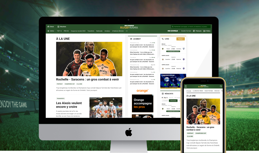 Pages d'accueil sur desktop et mobile des sites Rugbyrama et Midi Olympique de La Dépêche fusionnés selon une démarche UX avec Usabilis.