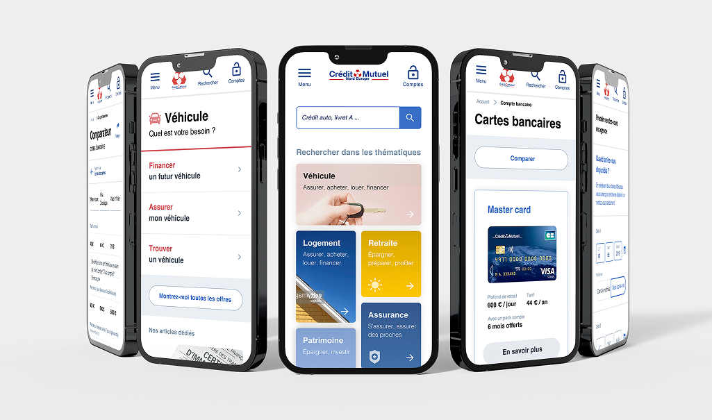 Ecrans de l'application mobile du Credit Mutuel Nord Europe (CMNE) conçu en démarche UX et Agile avec Usabilis.