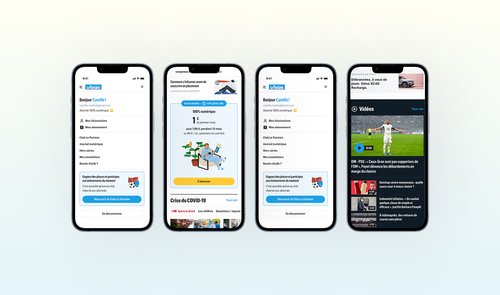 Ecrans de l'application mobile Le Parisien sur laquelle Usabilis a conduit des tests utilisateurs avec eye-tracking.